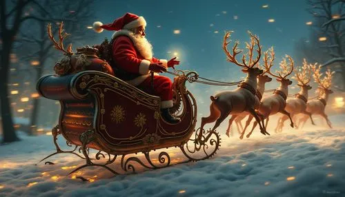 A beautifully rendered aesthetic expression of abstract steampunk santa claus on his sleigh with reindeers flying over London, by Yuko Shimizu, Atelier Olschinsky, Alberto Seveso, Kandinsky, Susan Sed