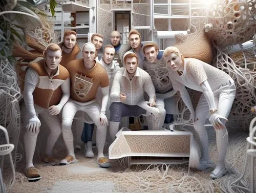a group of people standing around each other,photo manipulation,colony,deep zoo,calyx-doctor fish white,prisoners,mannequins,inhabitants,utopians,surrealists,multitudinous,satyrs,surrealism,colorizati
