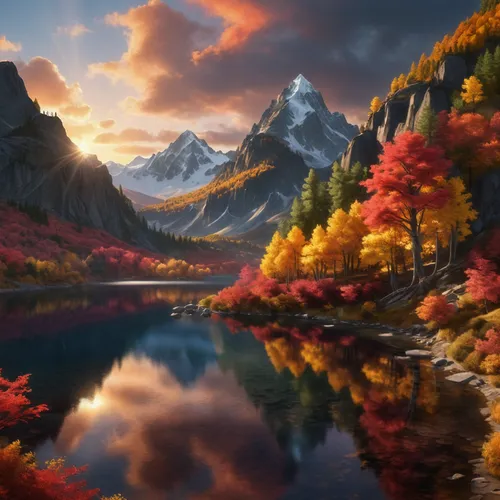a beautiful painting with a lake in front of mountains,autumn mountains,autumn landscape,autumn background,fall landscape,autumn scenery,fantasy landscape,mountain landscape,landscape background,beaut