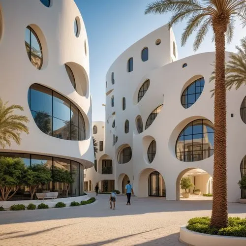 college of engineering,3D printing technology,sustainability techniques, modern design in dubai,an artist - rendering of a circular building with palm trees,pedrera,gaudi,gaudi park,masdar,baladiyat,s