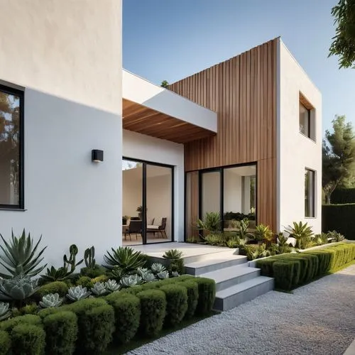 Design a collection of architectural facade ideas inspired by a minimalist modern house with clean lines and natural materials. Reference the provided image with features like a neutral color palette,