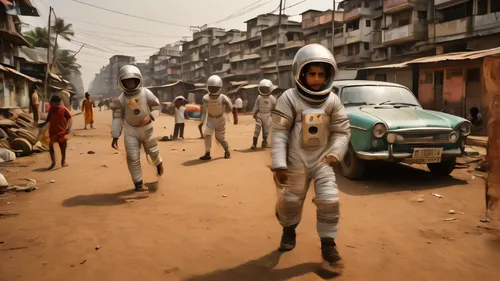 futuristic children playing football in the heat of summer wearing spacesuits in mumbai, in the style of the photography book “The Suffering of Light” by photographer Alex Webb. Master photo with exce
