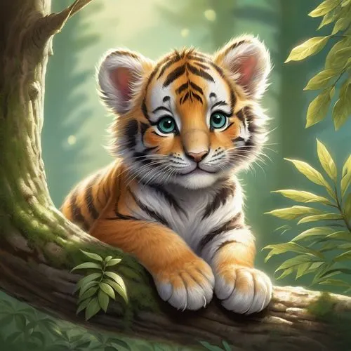 A charming, anime-style digital illustration in a kawaii or chibi design, depicting an adorable baby tiger cub perched on a thick, horizontal tree branch in a lush, forested setting, illuminated by wa