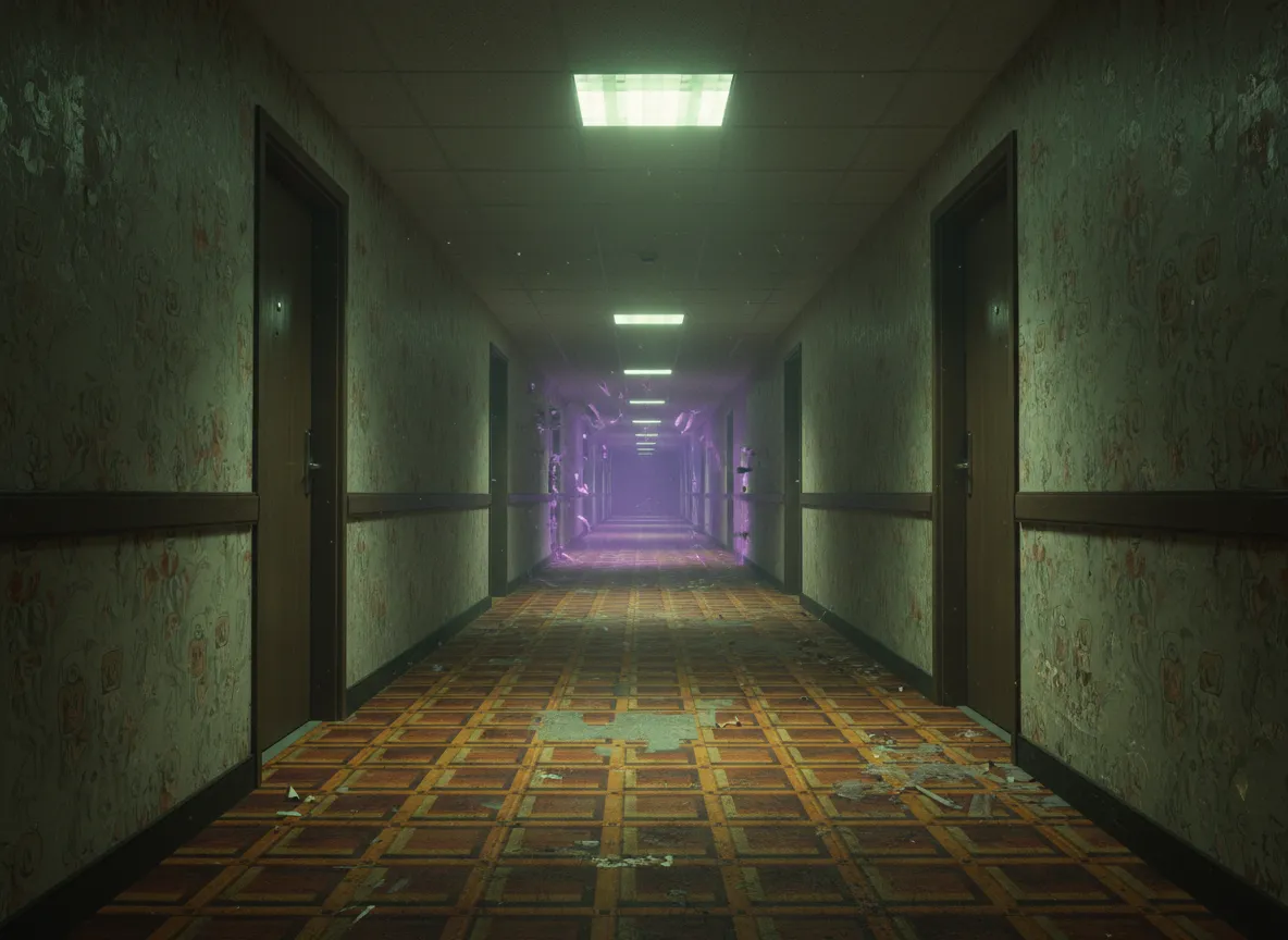 Uno spazio liminale generato dall'IA che mostra un lungo corridoio d'albergo vuoto con luci tremolanti e un'estetica weirdcore.