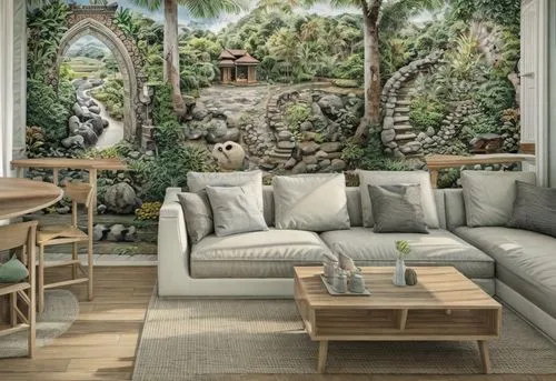 Realistic view of a Bali style wall mural,living room scene, large mural in front of the couch- Oasis Designs ,garden design sydney,sitting room,garden decor,landscape designers sydney,tropical jungle