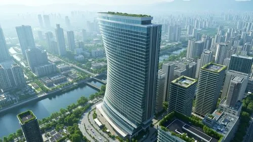 A photo-realistic rendering of a modern cityscape from a bird's eye view, featuring a tall skyscraper in the center of the image. the skyscraper, which appears to be a modern, high-rise building with 