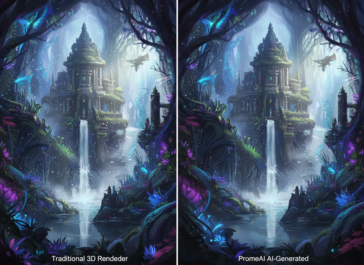 Direkter Vergleich einer komplexen 3D-Umgebung in einem traditionellen Renderer mit einer nahezu identischen, von PromeAI KI-generierten Version.