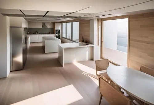 the wood paneled kitchen and dining room are separated by sliding doors,hallway space,penthouses,modern kitchen interior,modern minimalist kitchen,modern kitchen,modern minimalist lounge