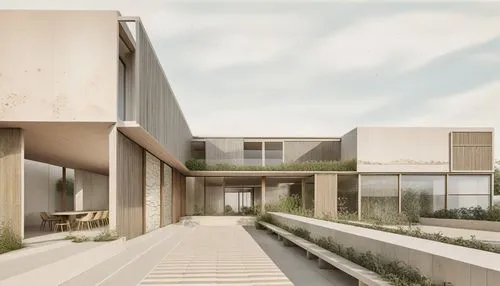 this is an artist's rendering of a walkway at a building,renderings,3d rendering,neutra,residencial,revit,modern house,dunes house,moneo,render,associati,passivhaus,tonelson,archidaily,sketchup,seidle