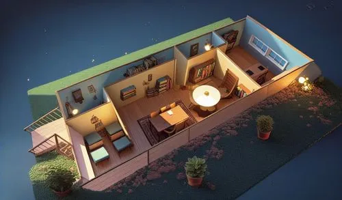 an aerial view of a house with its lights on,3d rendering,prodromal,inmobiliaria,3d render,fromental,cinema 4d