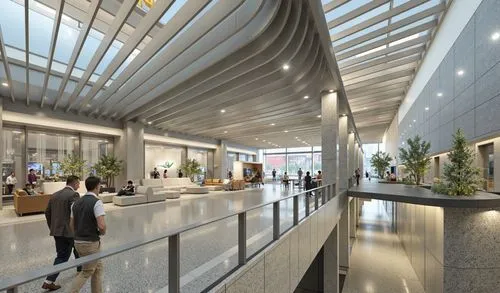 A photo-realistic rendering of a modern airport terminal with a high-tech design. the image is taken from a low angle, looking up at the interior of the terminal. the interior features a large glass-w
