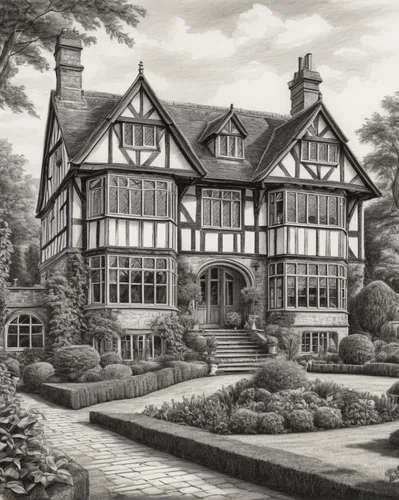 Pencil drawing of a country house in the Tudor style. House in the garden. nostalgic ,elizabethan manor house,house drawing,henry g marquand house,stately home,manor,garden elevation,half timbered,cou