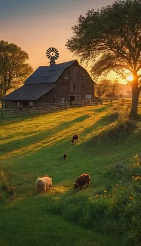 Wojak farm, rural scenery, countryside, peaceful atmosphere, farmhouse, wooden fence, green pastures, various farm animals, cows, sheep, horses, pigs, chickens, ducks, tractors, haystacks, farming too