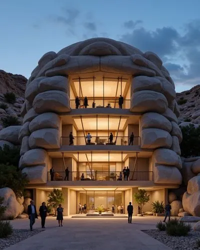 Frontal photography of the facade of a theater in the Israeli desert, made from giant carved stone rocks. The three-story structure is suspended from the roof with a light composition inspired by the 