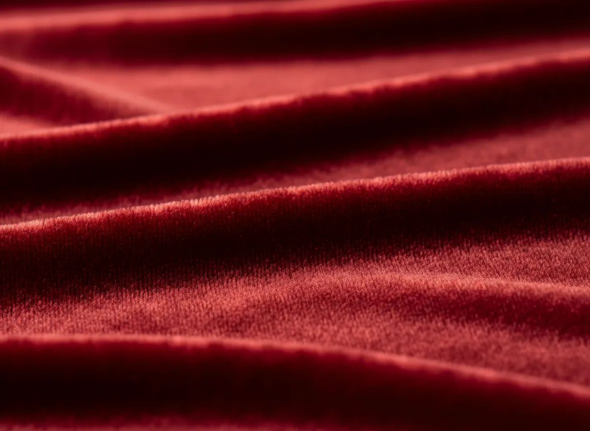 Eine Nahaufnahme, die das realistische Stoff-Rendering und den Glanz eines mit PromeAI erstellten roten Samthintergrunds zeigt.