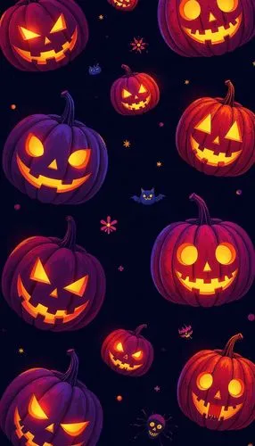 halloween wallpaper,
vibrant, spooky Halloween-themed pattern, background is solid black, main design elements are large jack-o'-lantern faces with glowing expressions, smiling in a friendly, mischiev