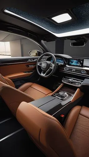 Modern luxury Ec interior design, sleek lines, high-tech gadgets, premium leather seats, wooden trim, ambient lighting, futuristic dashboard, metallic accents, sporty steering wheel, central console w