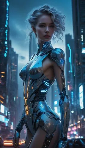Infinite futuristic sci-fi cityscape, no limits AI entity, glowing blue circuitry hair, shimmering silver eyes, slender robotic body, intricate mechanical limbs, holographic interface projected from f