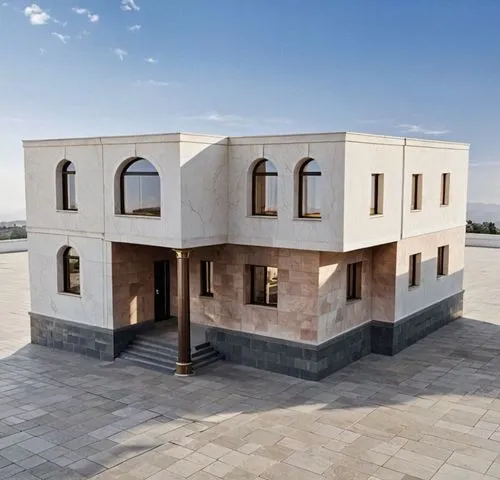  منظور لمبني  كلاسكي محدث من  حجر رخام ابيض  في قليل من النحت المنحوت مكنكيكيا تظهر واضحه وبارزه في الجدران وحول النوافذ والفتحات القرميد فقط في ذروه الغرفه التي تعلو المدخل الرئيسي فق كعنصر جمالي فقط