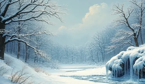 a painting of snow on trees and water,winter background,snow landscape,winter landscape,ice landscape,winter forest,snowy landscape,snowflake background,snow scene,winterland,christmas snowy backgroun