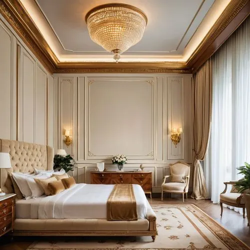 A luxurious neoclassical bedroom interior perspective render, viewed from a 45-degree angle. The camera captures the right wall and the left wall of the room. On the right wall, there is a double bed 