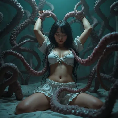 the woman is posing for the camera while in the water,tentacled,tentacles,tentacle,under sea,octopus tentacles,octopus,under the sea,undersea,deep ocean,siren,deep sea,nymphs,water nymph,silver octopu