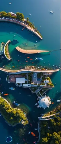Gran ciudad que emerge desde la profundidad del océano, muy futurista y moderna, desarrollada en una isla flotante, la parte media de los edificios, construida en cristal, se sumerge en el agua para b