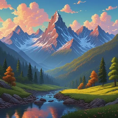 Create a landscape with mountains and a sky in pixil art.,a painting of mountains and a river,mountain landscape,landscape background,mountain scene,mountainous landscape,autumn mountains,nature backg