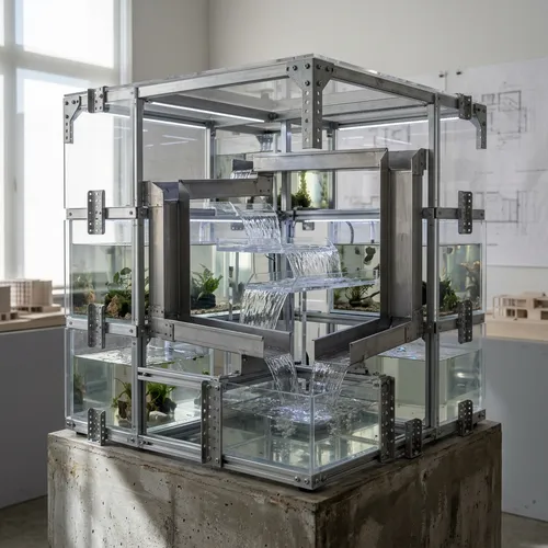 Design a conceptual spatial Aquarium-Waterfall structure within a 60x60x60 cm cube, using lightweight, easily processed materials. The form follows the principles of transparency and modularity, inspi