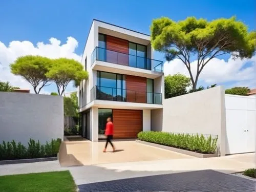a modern house with two story and a man walking by,modern house,smart house,maisonettes,new housing development,residential house,maisonette,residential property,render,garden elevation,modern archite