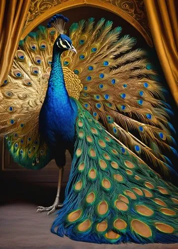 Majestic golden peacock, solo, dancing, spreading colorful tail feathers, shimmering iridescent scales, vibrant blue and green plumage, elegant neck, proud posture, ornate costume, golden accessories,