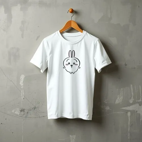 A Logo on A plain white T-shirt hanging on a natural wooden hanger, suspended against a minimalist gray concrete wall. The design area is fully visible, with soft fabric folds and realistic draping.,a
