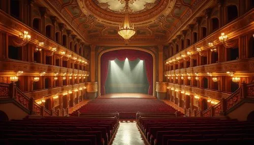 Grand, ornate opera house, baroque architecture, intricate stone carvings, golden decorations, red velvet curtains, crystal chandeliers, balconies with gilded railings, luxurious boxes, grand staircas