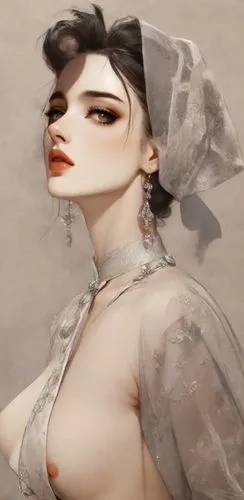 a painting of a  woman with hair in it's bun,viveros,vanderhorst,mannikin,victorian lady,khnopff,veils