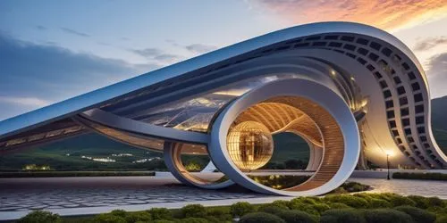 Arq. Roberto Carlos Gómez Castro, an artisticly designed building sits in the middle of the mountains,futuristic architecture,futuristic art museum,futuristic landscape,sky space concept,modern archit