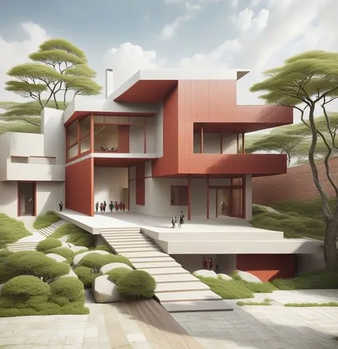 some people standing near a building with trees in the back ground,modern house,3d rendering,dunes house,sketchup,neutra,render,cubic house,renders,modern architecture,residential house,cantilevers,mi