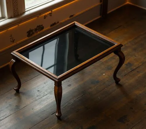 A vintage wooden coffee table with a black smoked glass top, softly illuminated by warm, ambient lighting, nestled in a cozy reading nook under a large, detailed arched window, with a slight dusting o