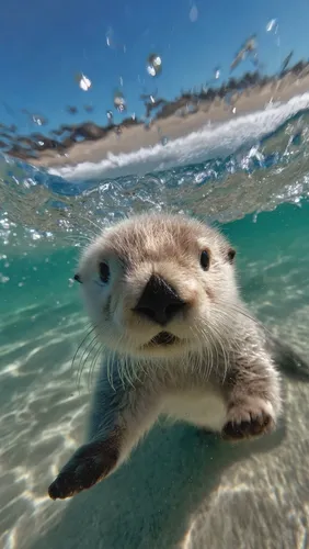 Photograph looking through water to a cute sea otter swimming underwater, distant waves on a sandy beach above water,otter,otter baby,sea animal,a young sea lion,otters,aquatic mammal,underwater world