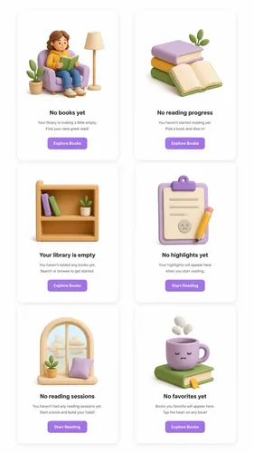 Empty state illustrations for a {argument name="app type" default="Reading app"}, {argument name="scene count" default="6"} scenes in {argument name="style" default="3D clay style"}.
Each illustration