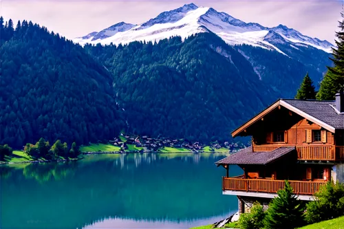 Swiss Alps, majestic mountains, snow-capped peaks, evergreen trees, serene lake, wooden chalet, traditional Swiss architecture, stone walls, green roofs, smoking chimney, afternoon sunlight, soft focu