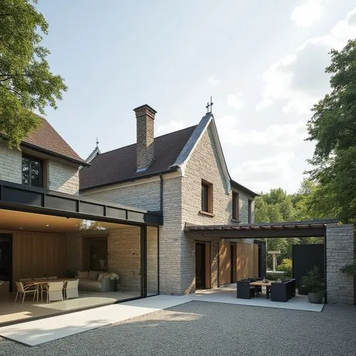  ,a modern house in the middle of a tree - lined park,modern house,new england style house,forest house,private house,timber house,stone house