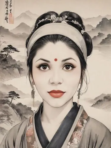 portrait of an oriental woman with a pagoda, mountains and trees in the background,maiko,japanese art,uemura,japanese woman,geiko,dongyin
