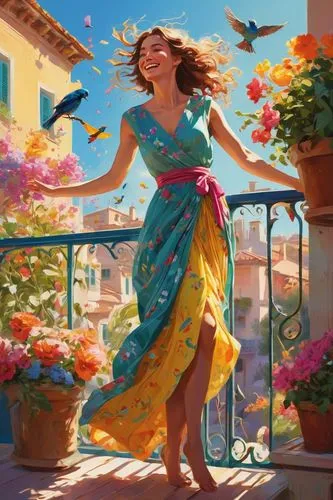 "Imagine an illustration of a dignified woman joyfully dancing on a brightly decorated balcony bathed in morning light. She is wearing a vibrantly colored dress that sways lightly with her movements.