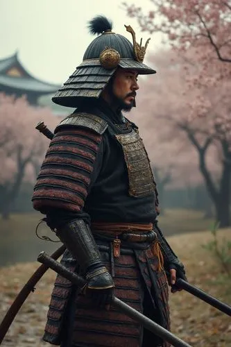 Traditional samurai warrior. Shogun. Ashikaga Shogunate. Traditional samurai armor. Helmet. Making katana movements. In a Japanese castle. Traditional painting style. Photo. Hyper-realistic image. Per