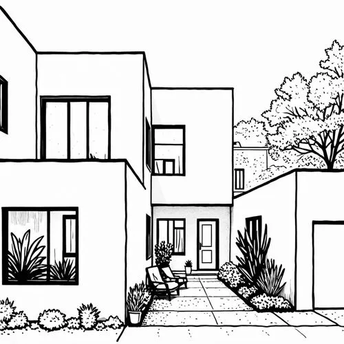 1building,a cartoon house with lots of landscaping,houses clipart,xeriscaping,sketchup,house drawing,cactus line art,townhomes