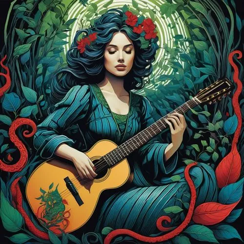 A surreal and mysterious composition drawn entirely with [ink marker technique using perfect horizontal lines], featuring a [guitar woman]. Her body is stylized with [solid gradient spheres in blue, r