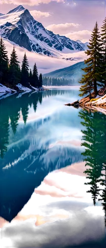 High-definition, photo-realistic, natural scenery, majestic mountains, snow-capped peaks, evergreen trees, misty fog, serene lake, calm water reflection, warm sunlight filtering through clouds, soft f