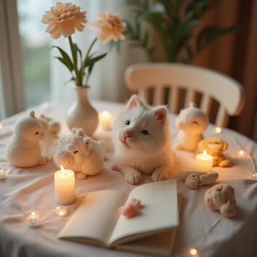 exclusive kids room elegant decoration on table ,delicate ,blured background,zoom focus
,a white cat sitting on a white table with many small toys,table decoration,table decorations,white cat,table se