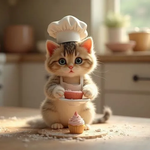 Ultra-photorealistic 3D render of a tiny, fluffy calico kitten wearing a miniature white chef's toque and apron, its paws dusted with flour, proudly presenting a perfectly baked miniature cupcake with