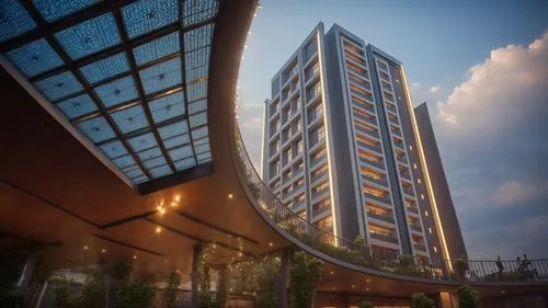 modern style ceiling,a large gray building with lights in the windows,residential tower,hotel complex,sky apartment,penthouses,glass facade,condominium,redevelop,interlace,high rise building,residenti